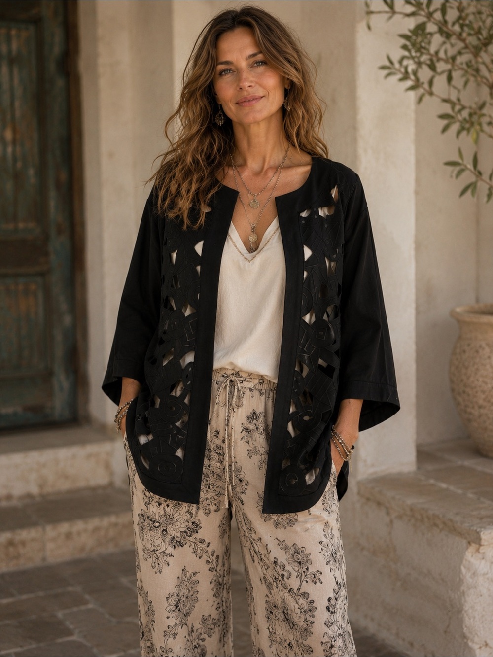 Bob Mackie Black Cutout Embellished Women's Open Front Tunic Jacket